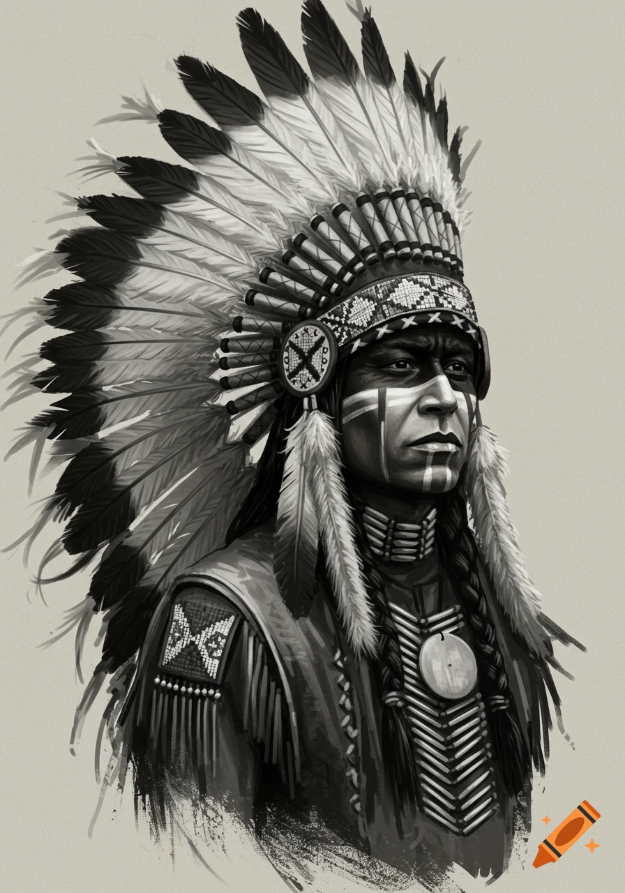 Black and white portrait of a person wearing a large feather headdress and face paint.