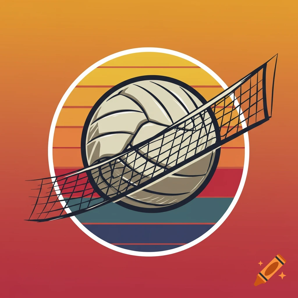 Illustration of a volleyball hitting a net against a retro sunset circle background.