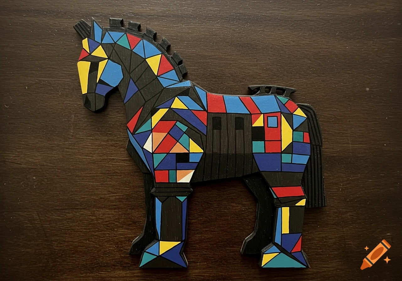 Wooden horse figure painted with colorful geometric mosaic design.