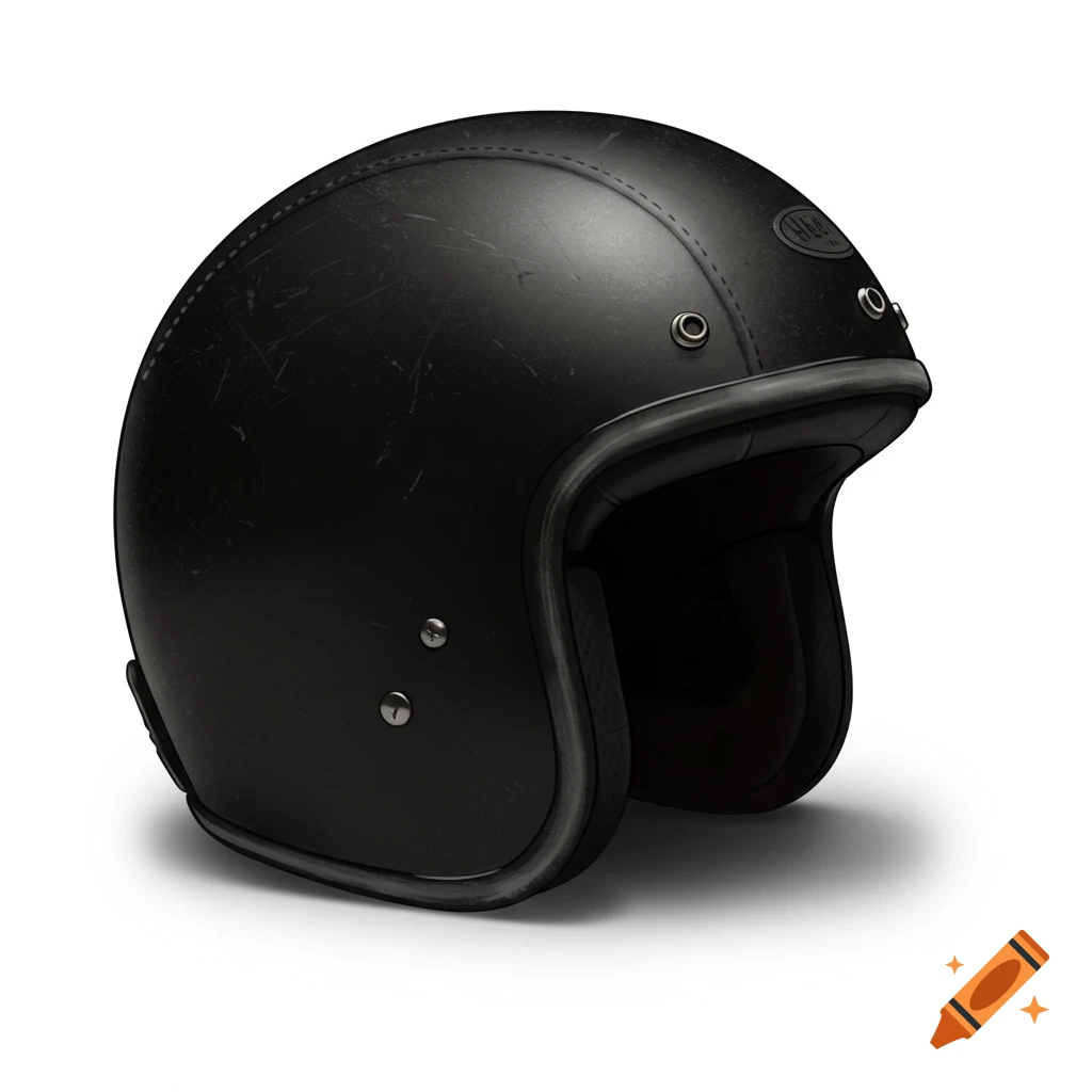 A black motorbike helmet with scuff marks on a white background.