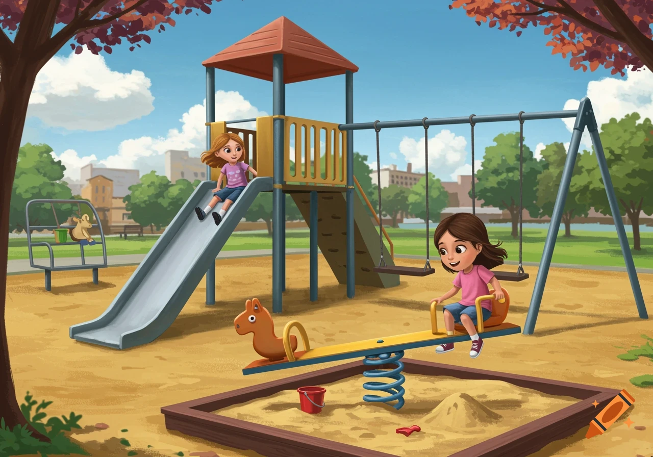 Cartoon illustration of two young girls playing at a sunny playground. One slides, the other is on a seesaw in a sandbox.
