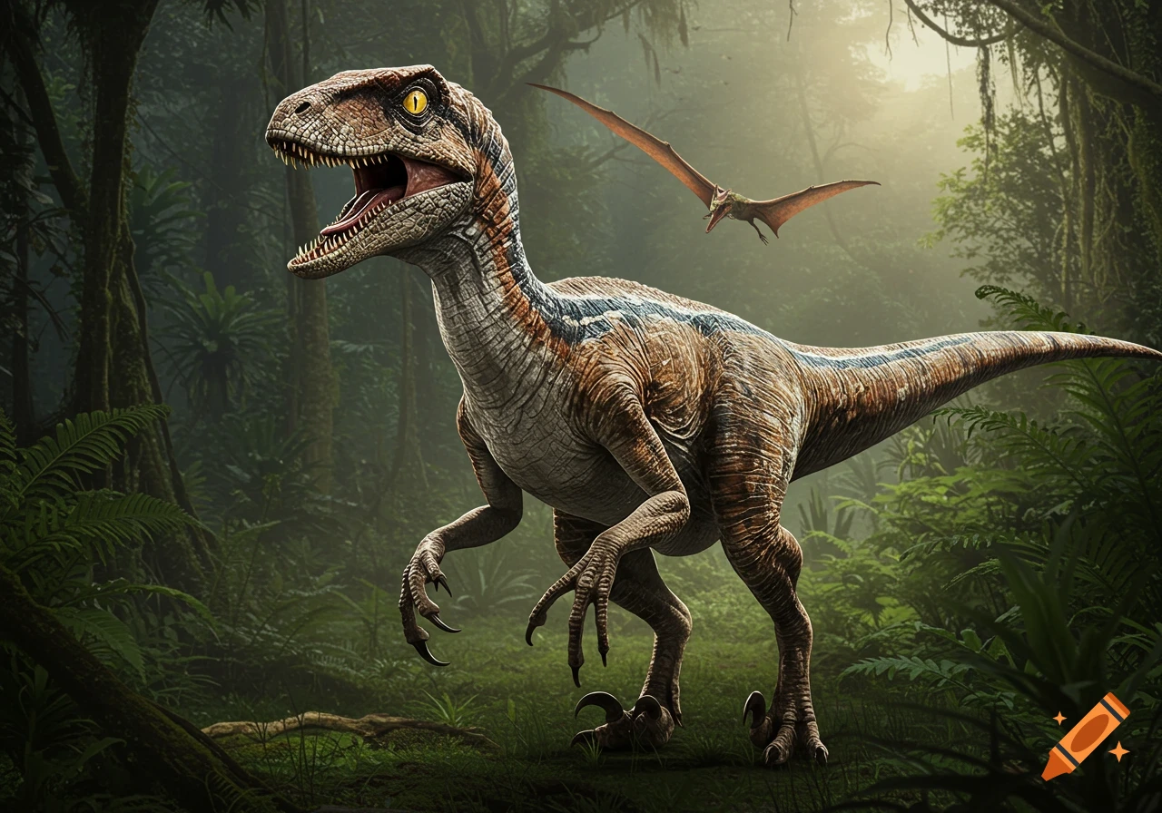 A raptor stands in a jungle with a pterodactyl flying overhead.
