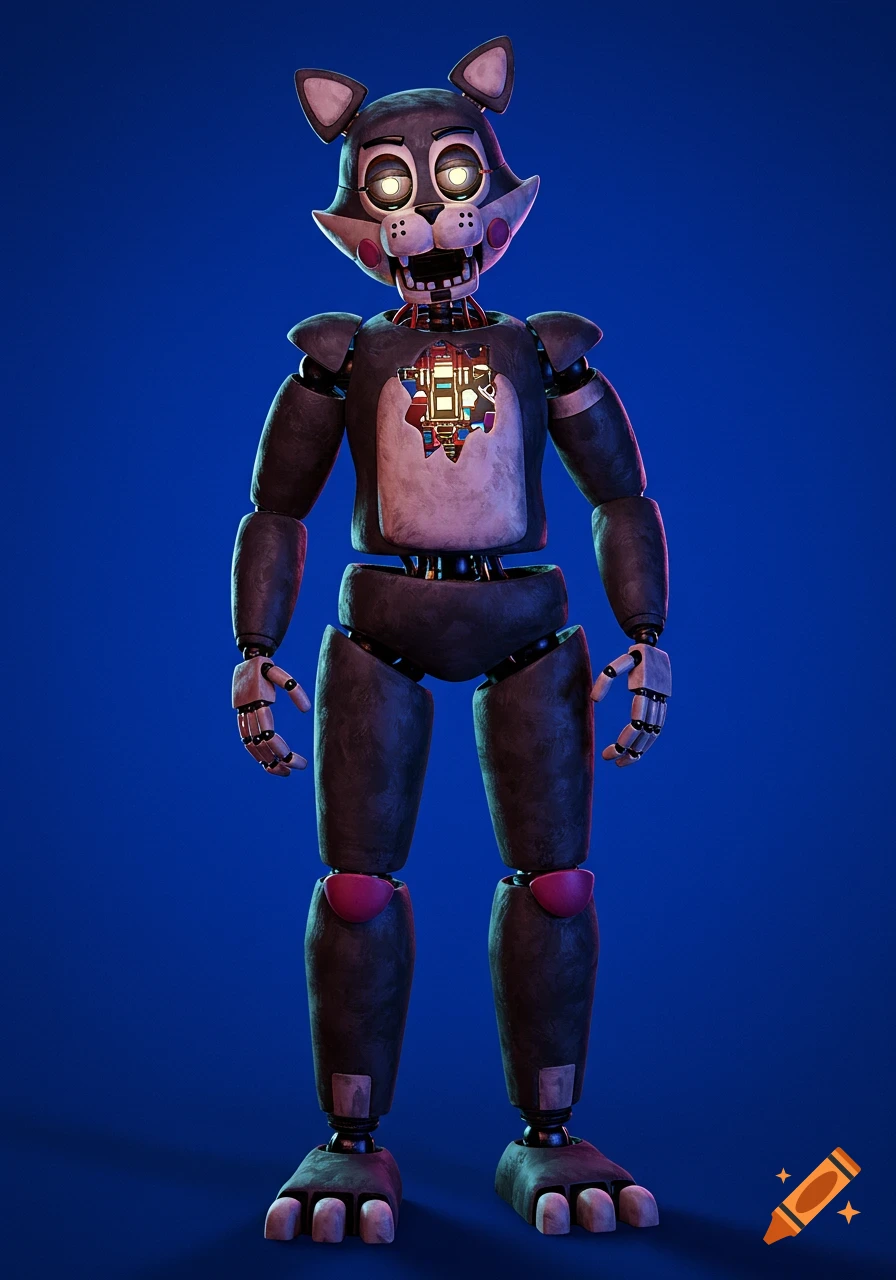 Cat-shaped animatronic missing head, revealing internal parts, on a blue background.