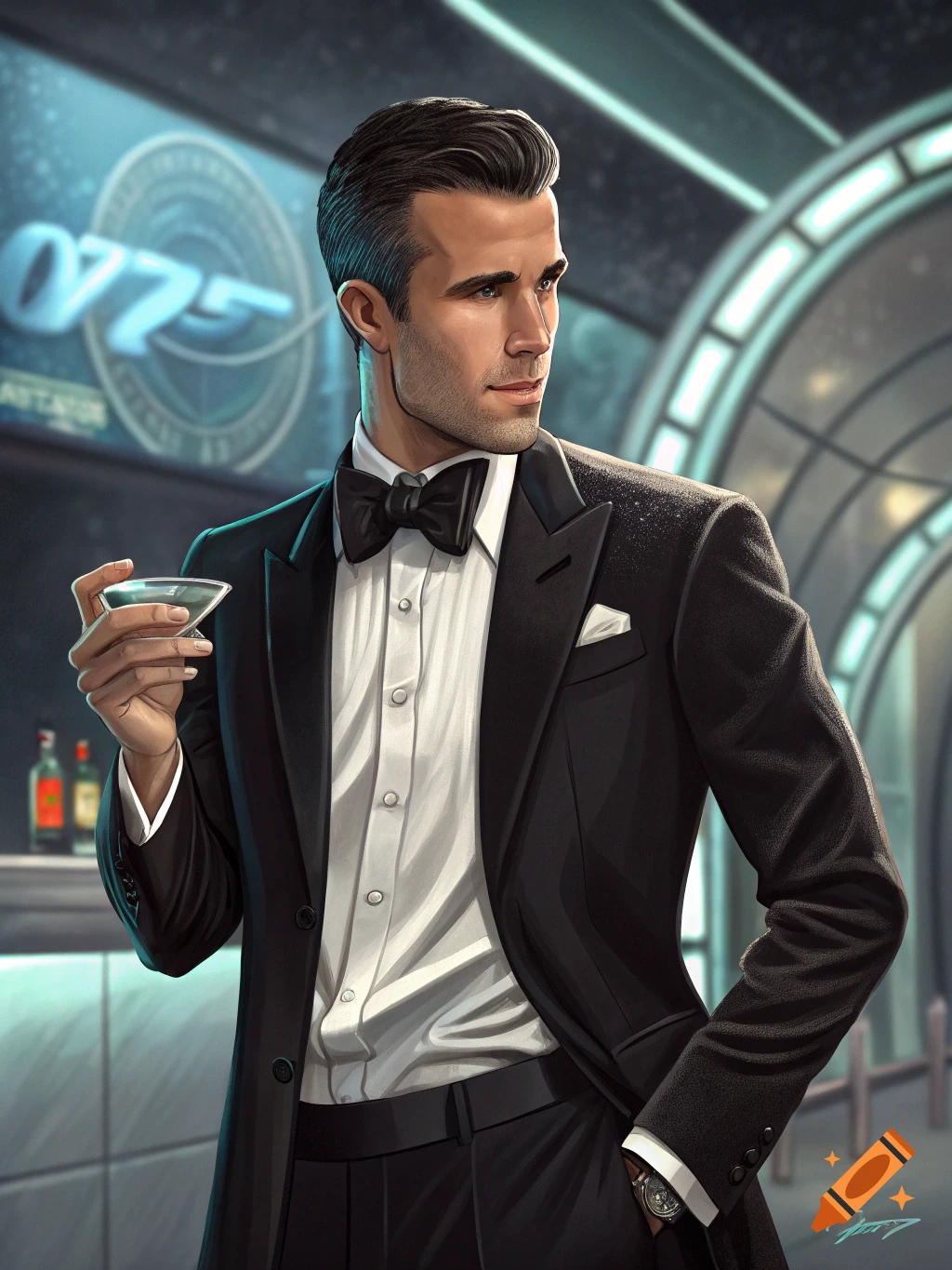 Stylish illustration of a man in a tuxedo holding a martini in a bar