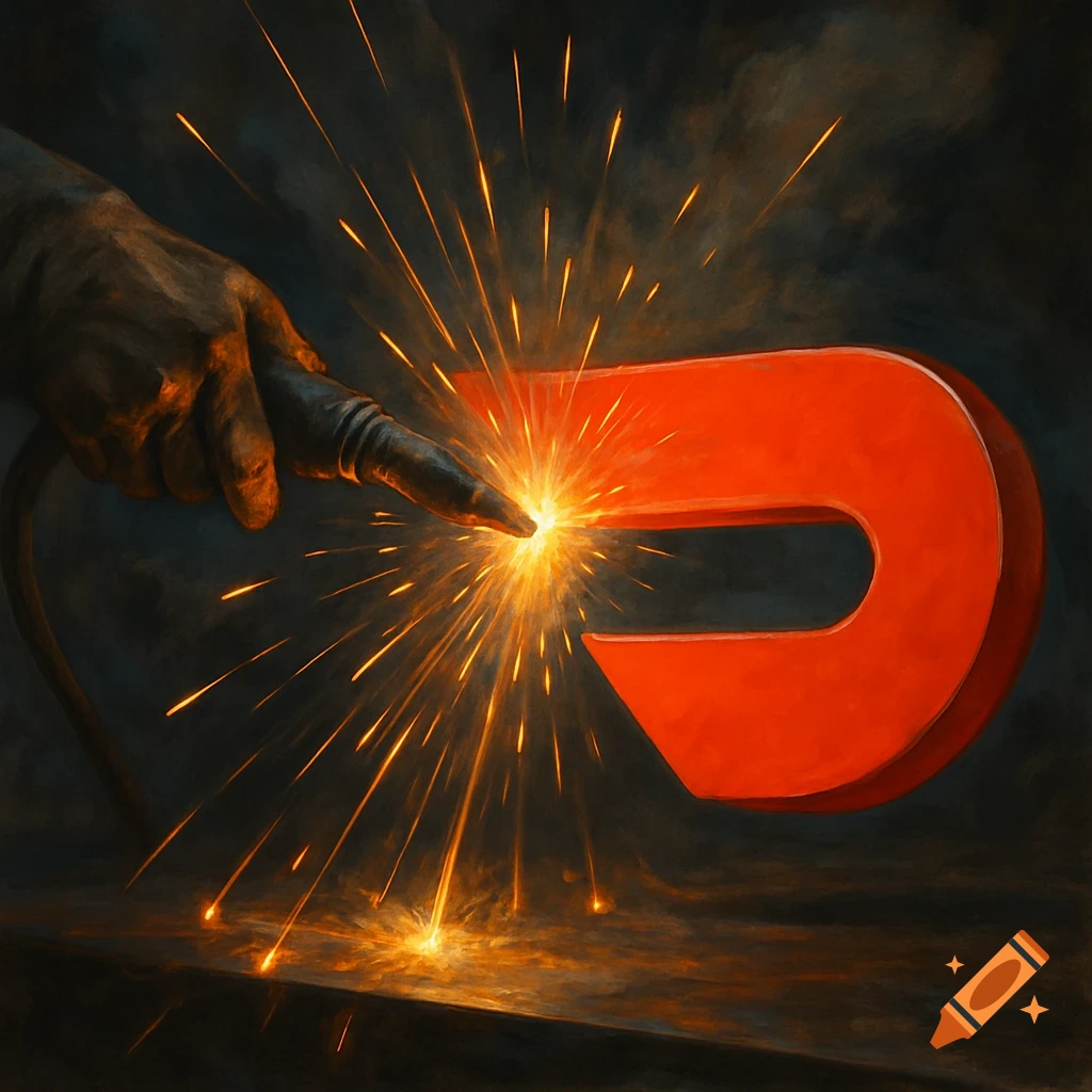 Hand welding a red symbol, creating bright sparks.