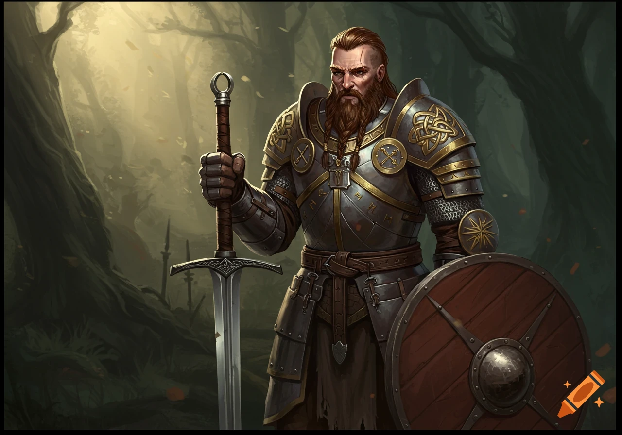A rugged pagan knight in detailed fantasy armor stands in a forest, holding a sword and shield.