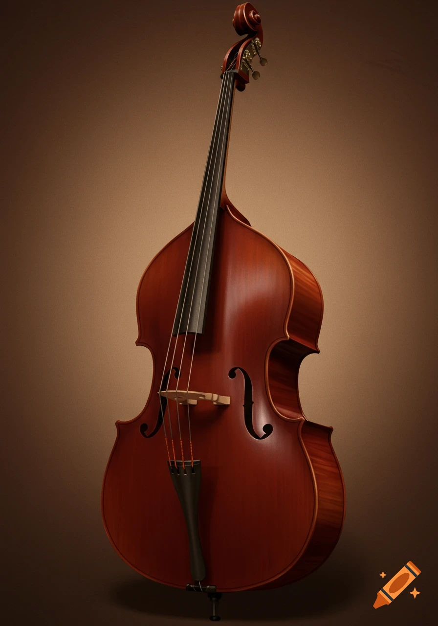 A close-up view of a double bass against a warm brown background.