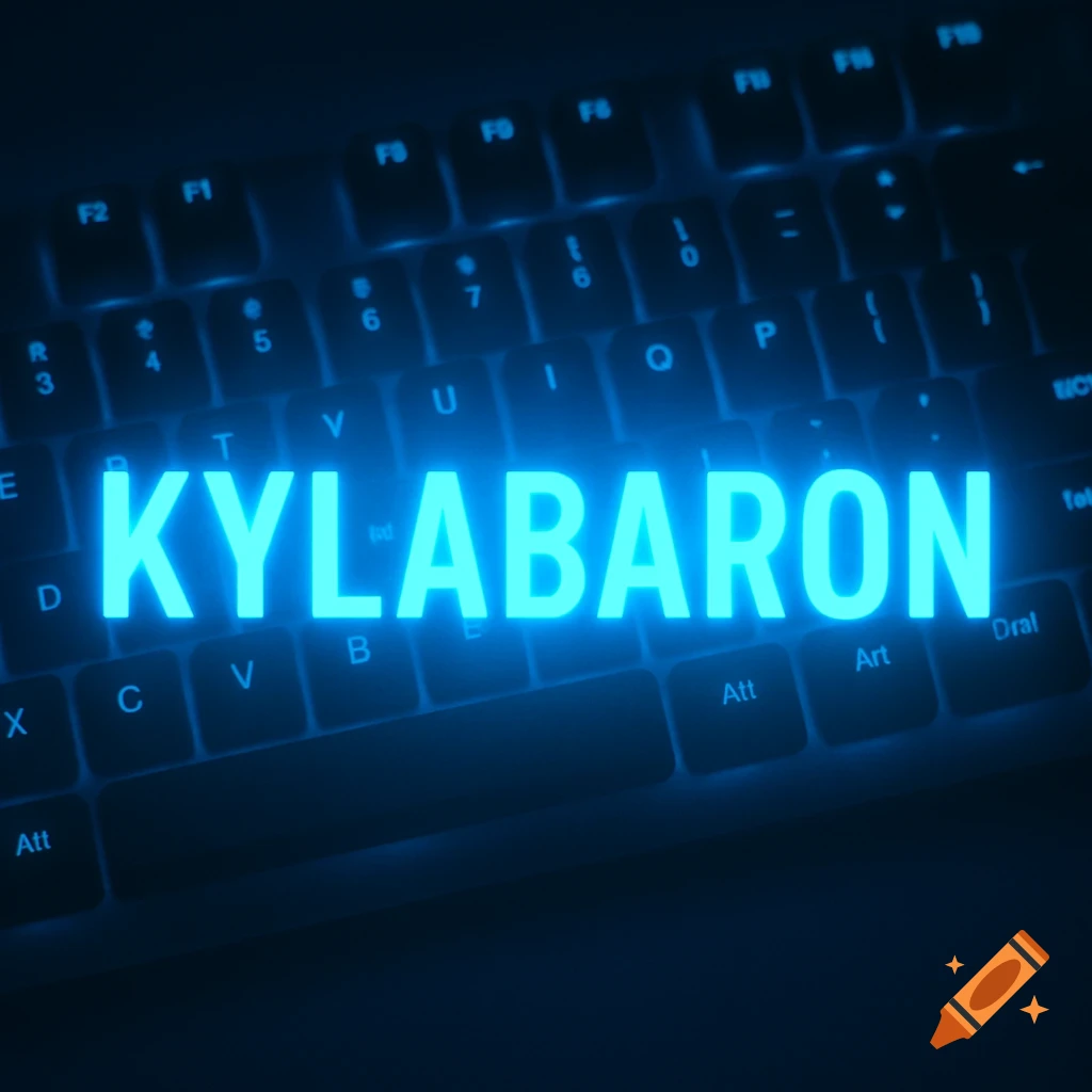 Keyboard with glowing blue text 'KYLABARON', digital art style.