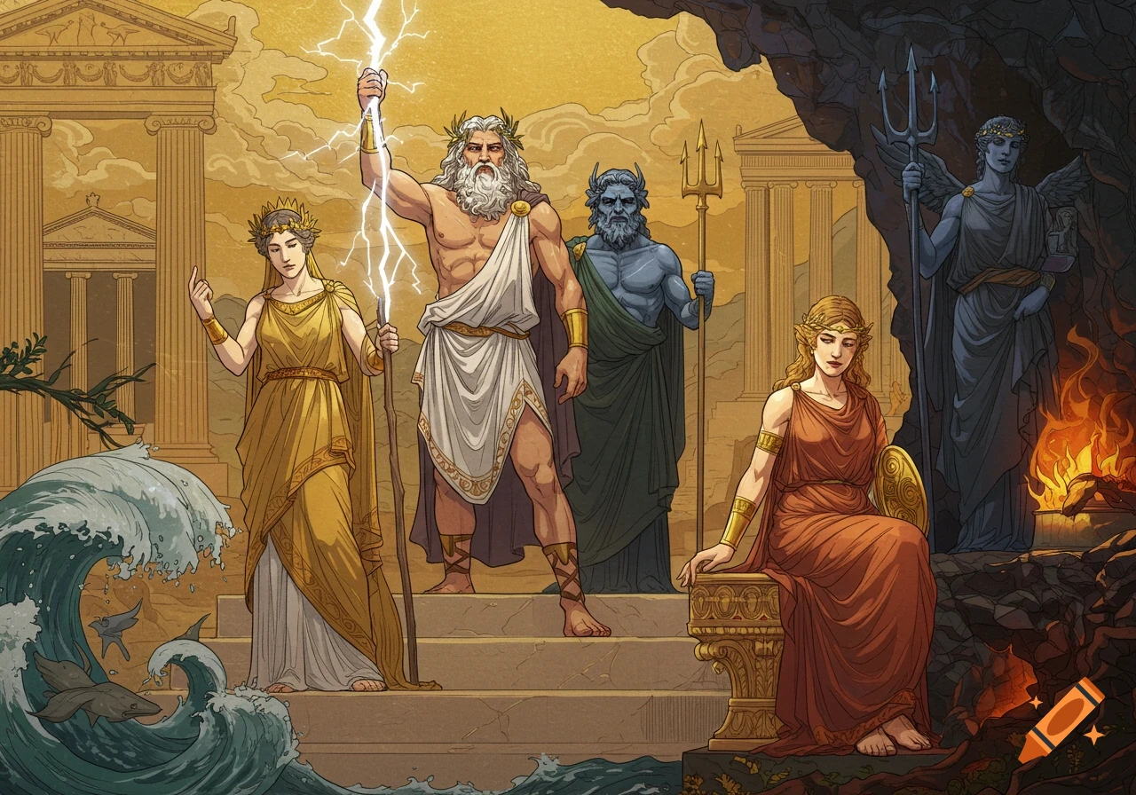 Illustration of Greek gods Zeus, Hera, Poseidon, and Demeter on steps outside a temple, with waves and fire.