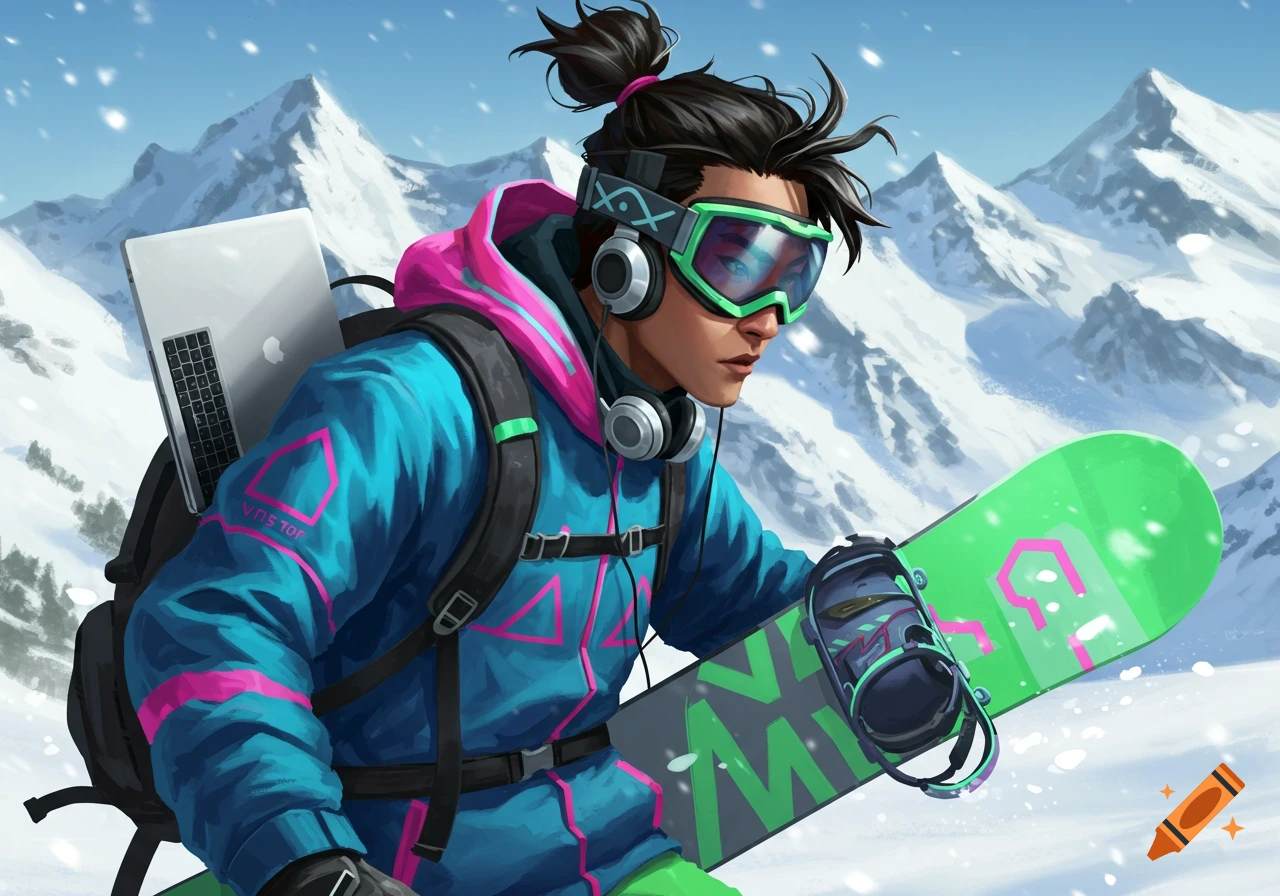 Digital art illustration of a person snowboarding in snowy mountains with a laptop on their backpack