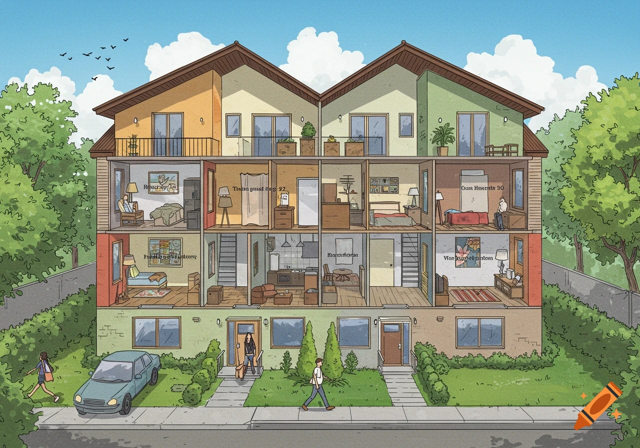 Cross-section illustration of a multi-story building with two units, showing rooms, furniture, people, and a car outside.