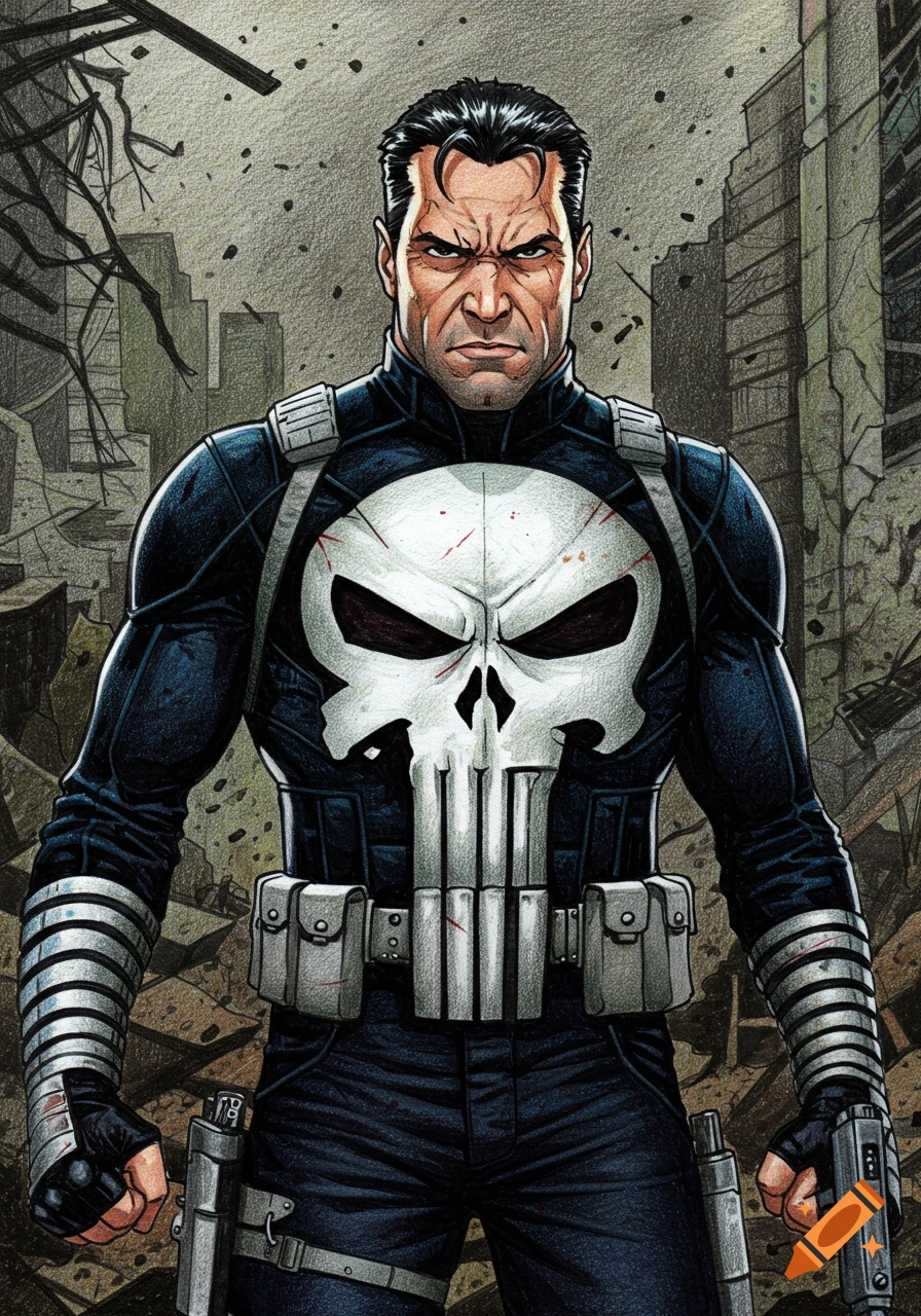 The Punisher stands ready in a destroyed city landscape, comic book illustration style.
