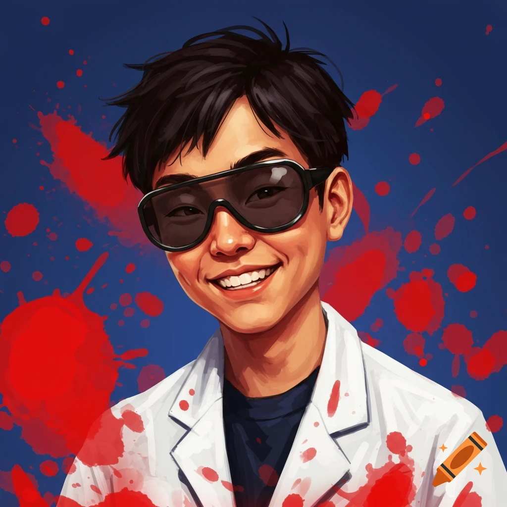 Portrait of a young person in a lab coat and goggles with red splatters, digital art.