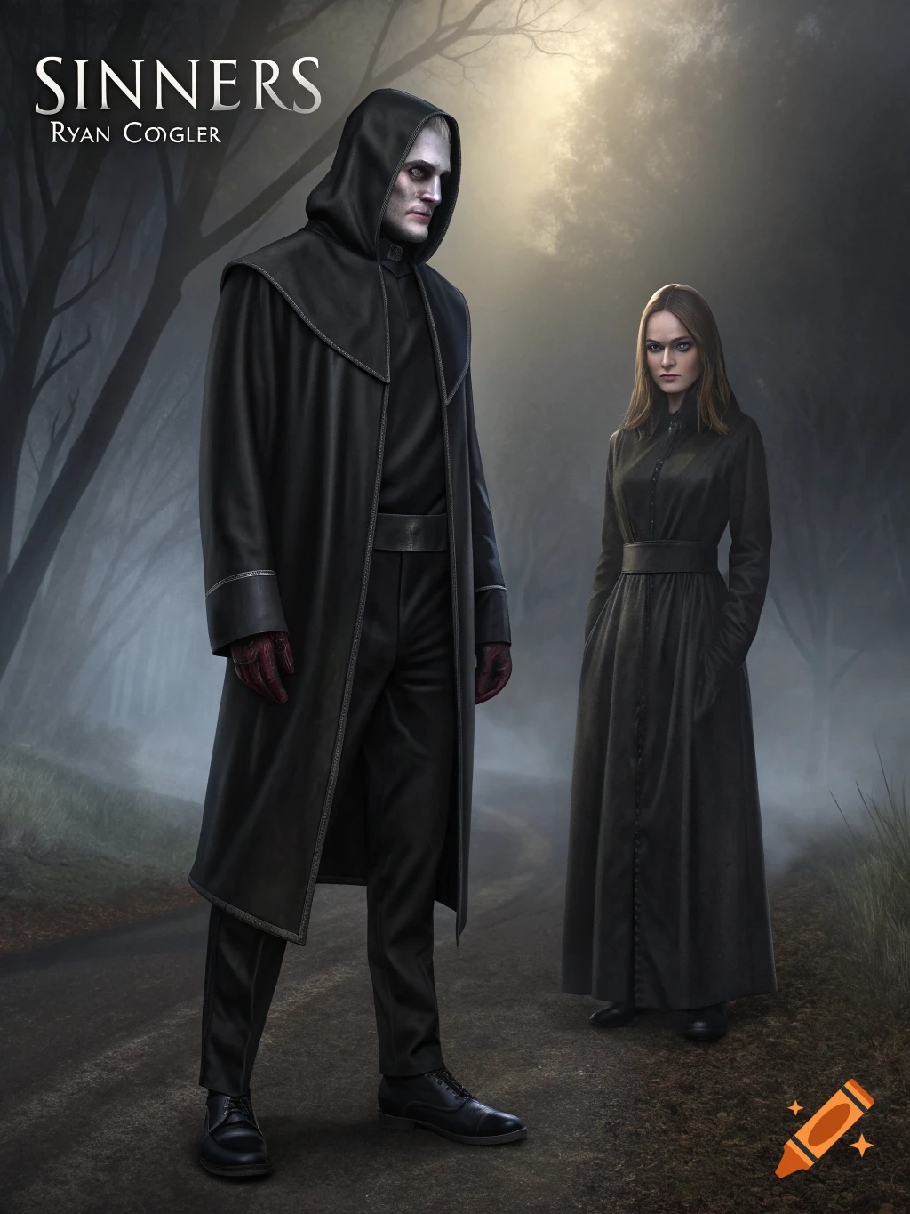 Two figures in black hooded robes stand in a misty forest.