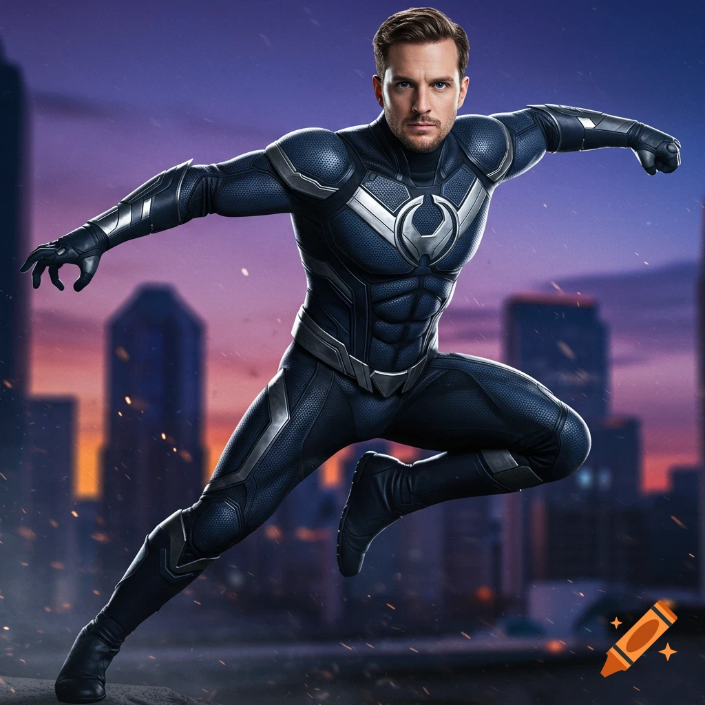 Male superhero in a dark suit with a silver logo leaps against a city skyline at dusk.