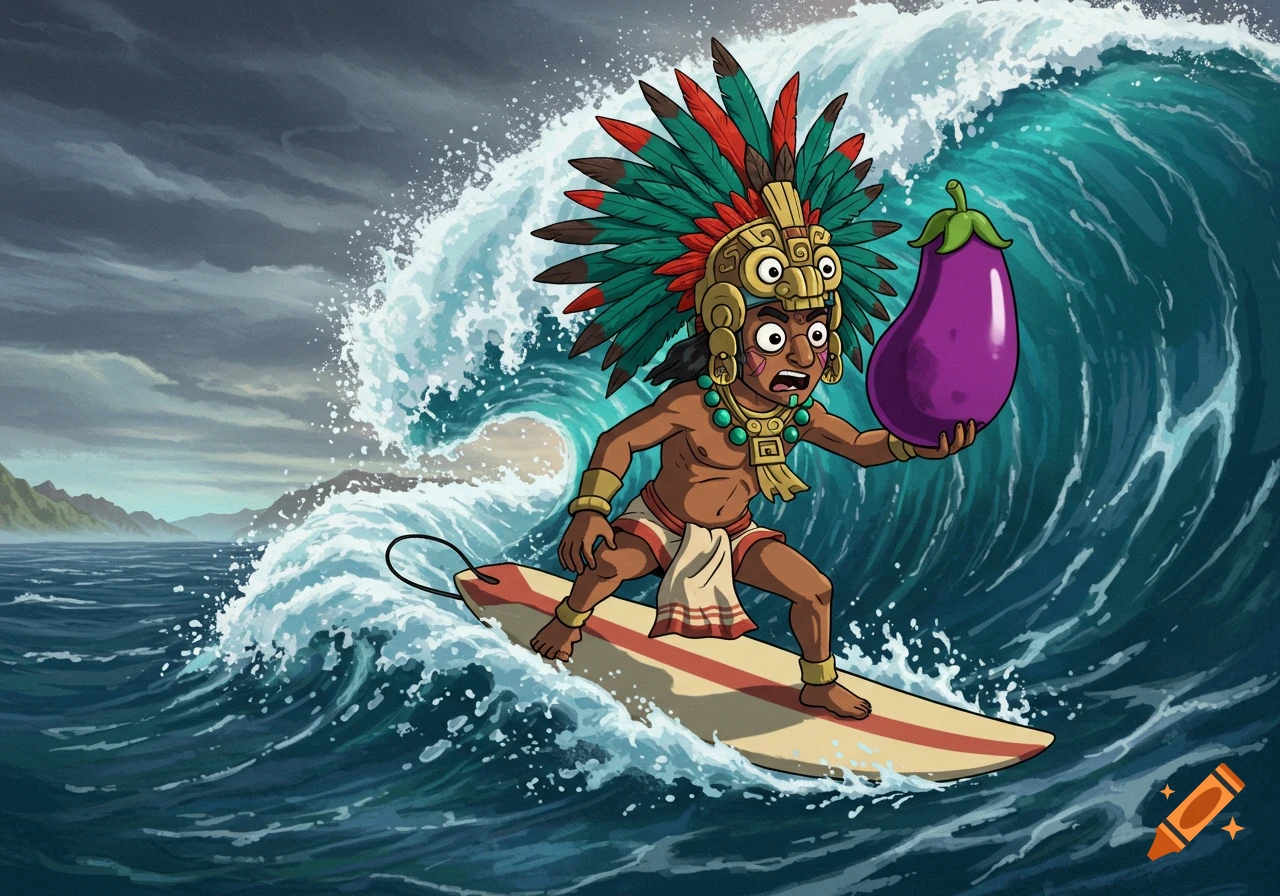 Cartoon Aztec warrior surfs a big wave while holding a large purple eggplant.