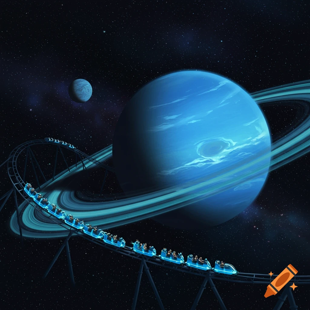 A roller coaster winds through space in front of a large blue planet with rings.