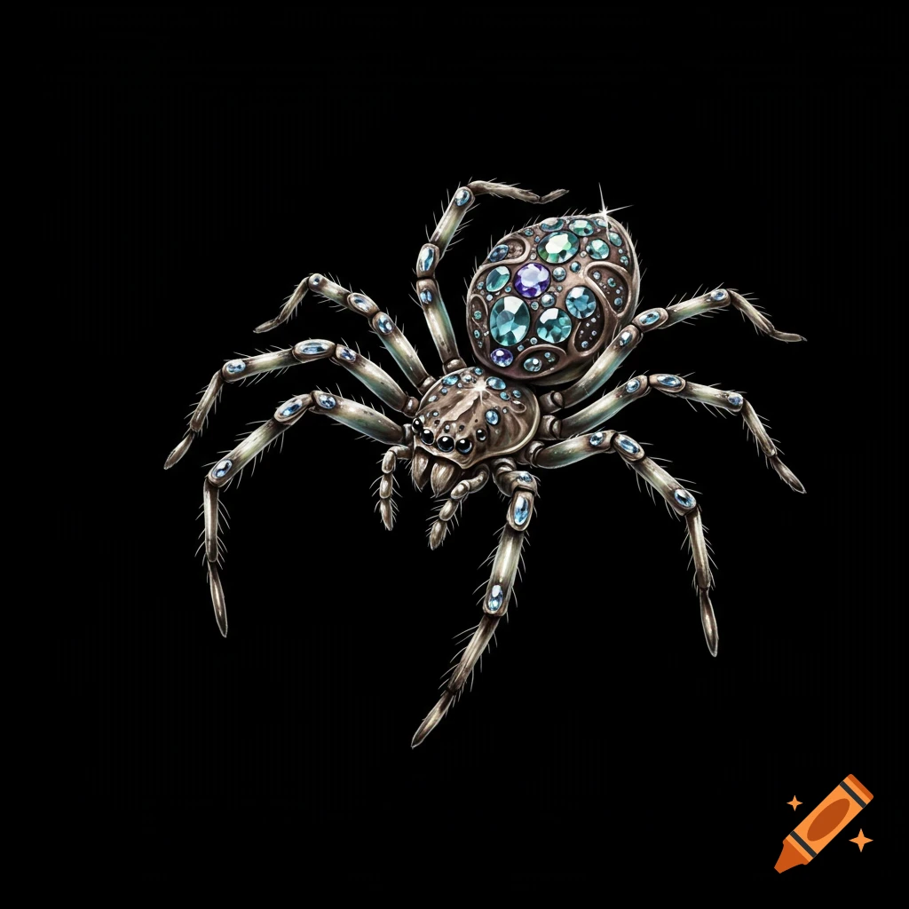 A realistic jeweled spider with blue and green gems on its body and legs, on a black background.