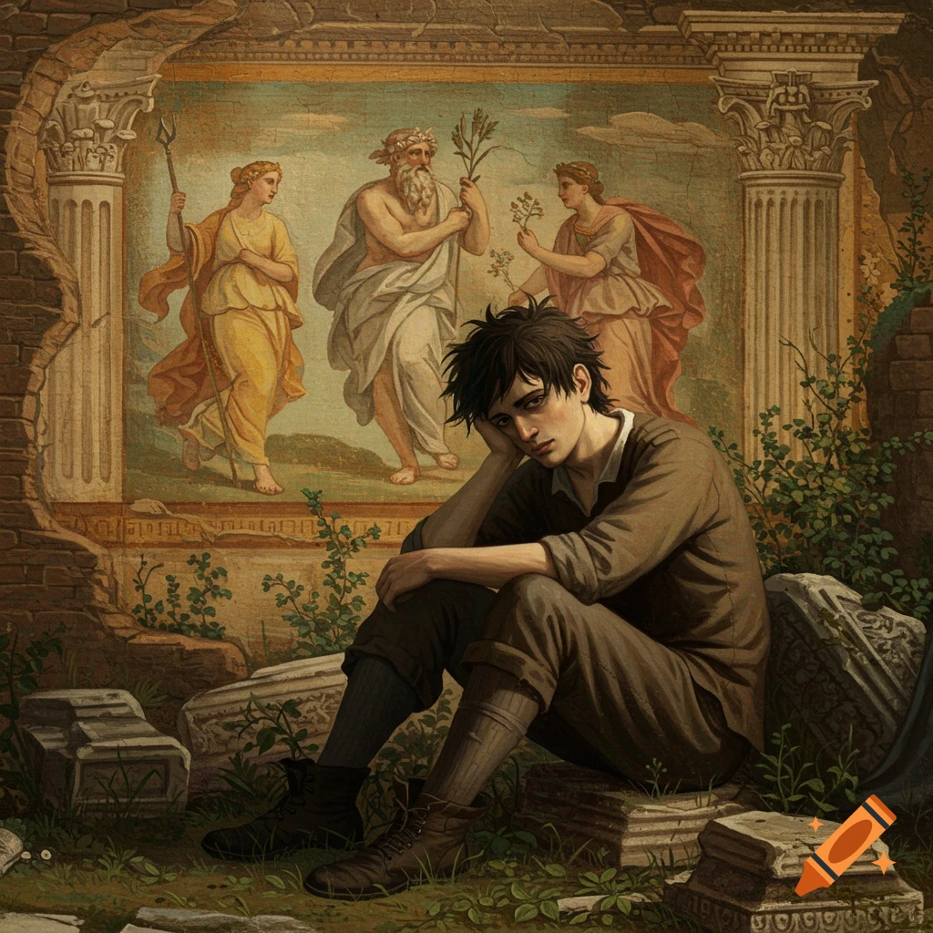 Melancholy young man sits among ruins in front of a classical fresco painting.