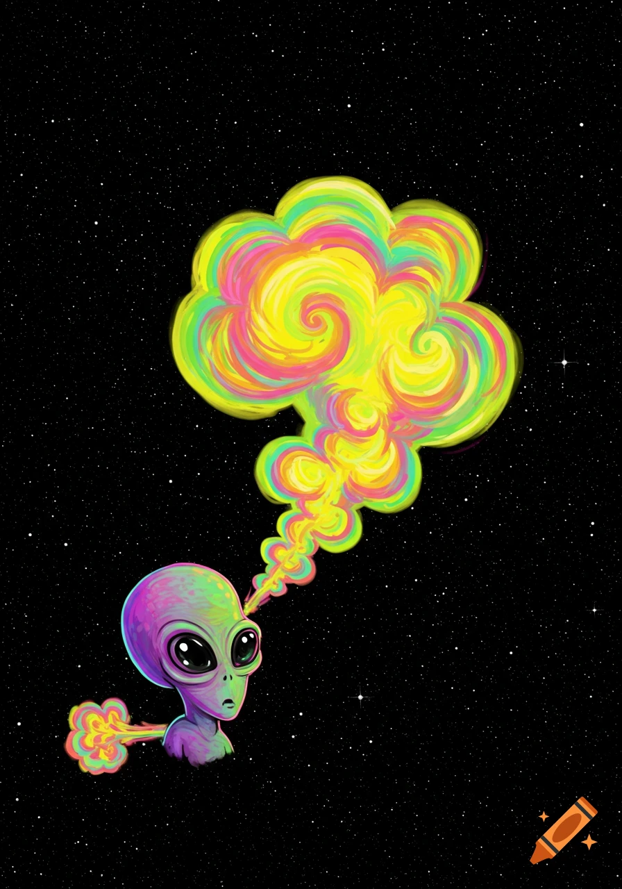 Cartoon alien head in space emitting colorful smoke