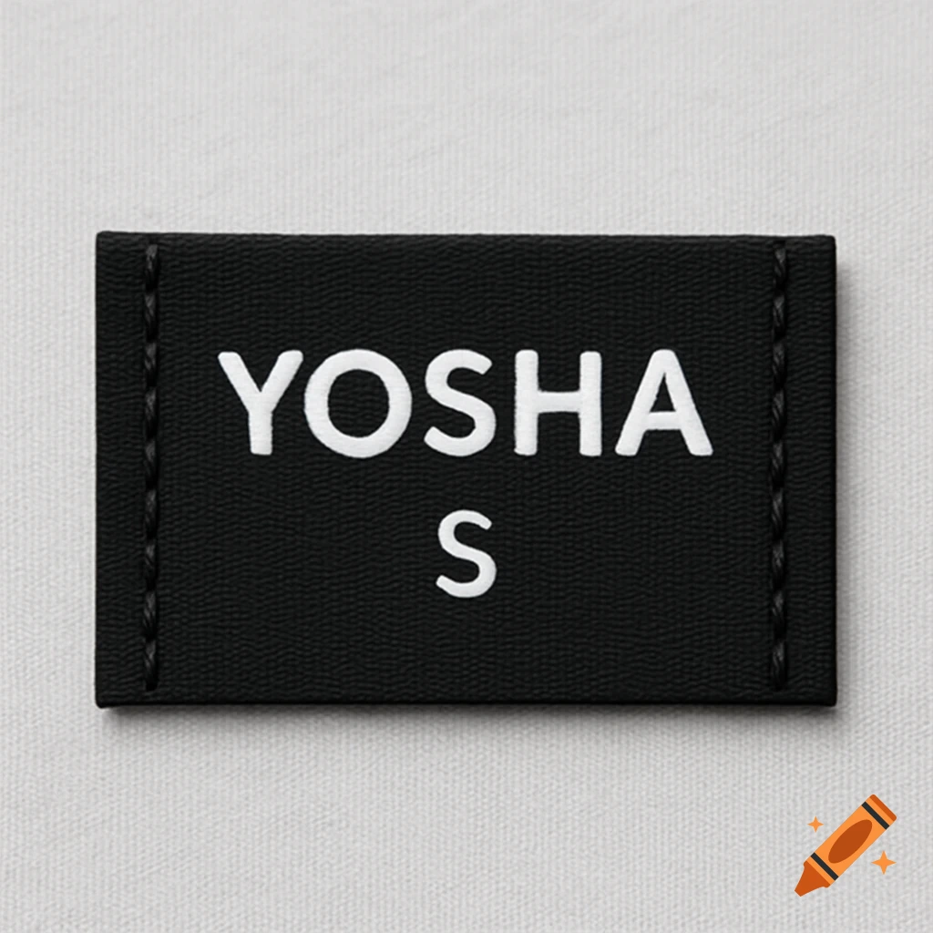 Close-up of a black clothing label with white text 'YOSHA S' and stitching detail