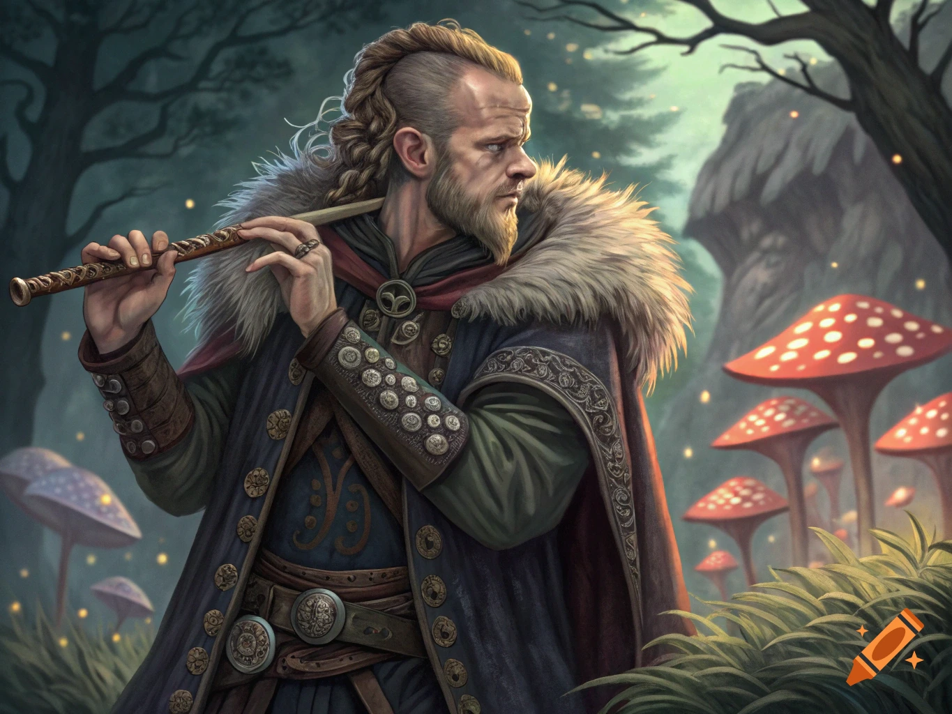 A man resembling a Viking with a braided mohawk plays a flute in a fantasy forest with large mushrooms.