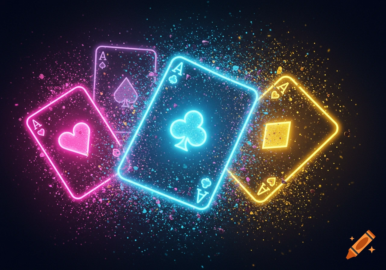 Neon playing cards with glowing outlines and scattered particles