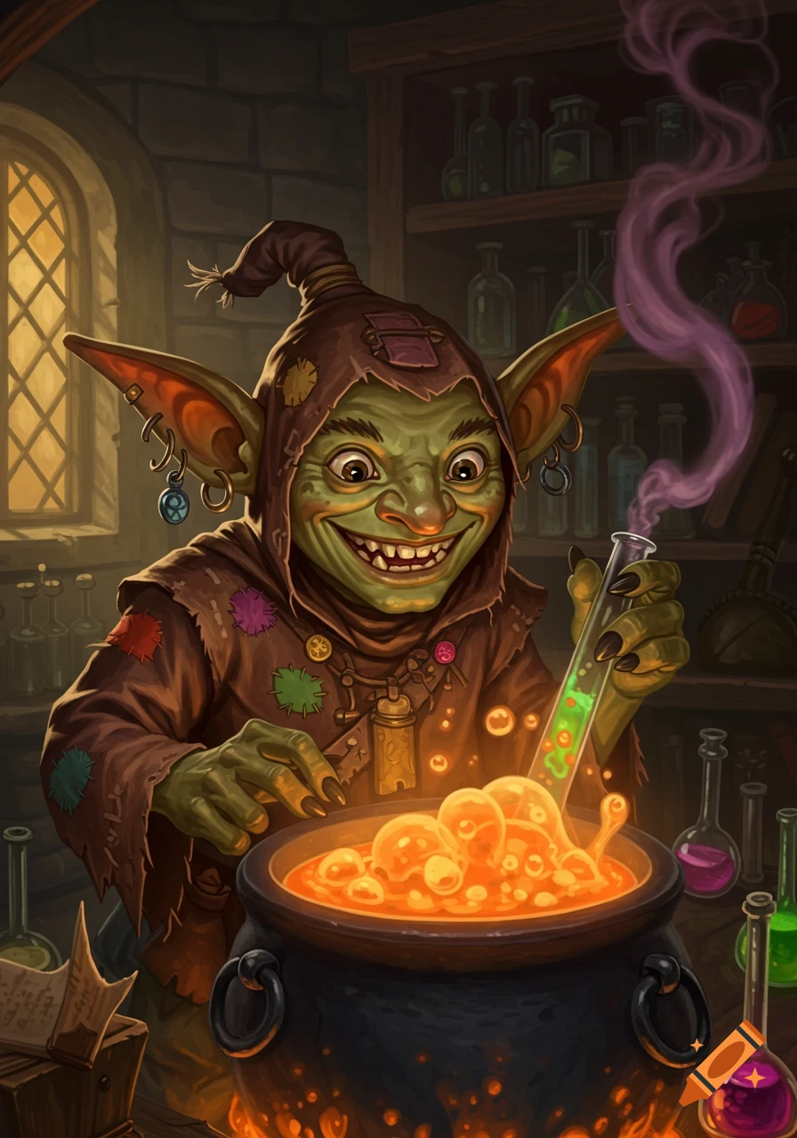 A green goblin alchemist stirs a bubbling potion in a cauldron in a dimly lit laboratory.