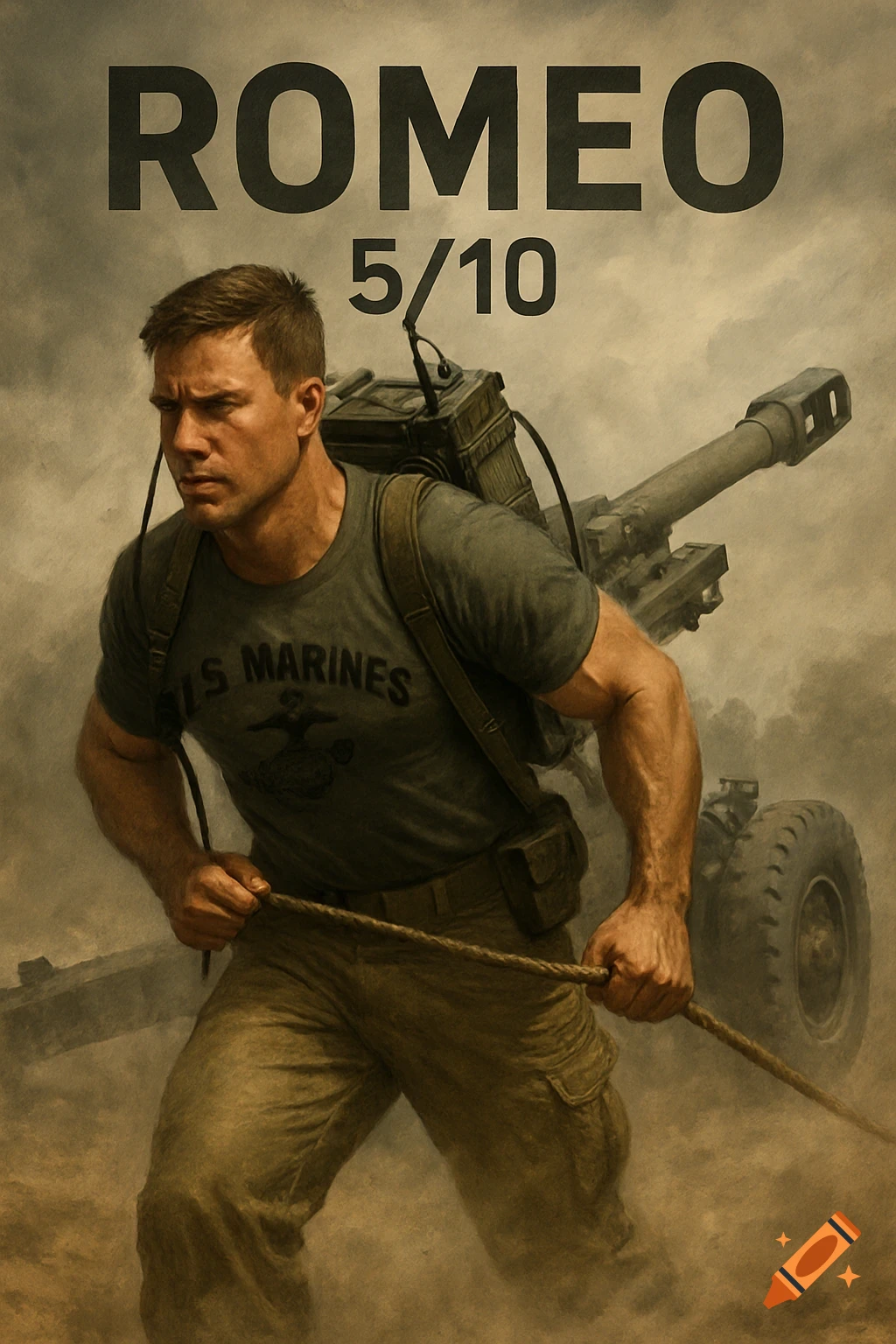 Realistic illustration of a determined soldier pulling a rope in a dusty battlefield, wearing a US Marines shirt with a howitzer behind him.