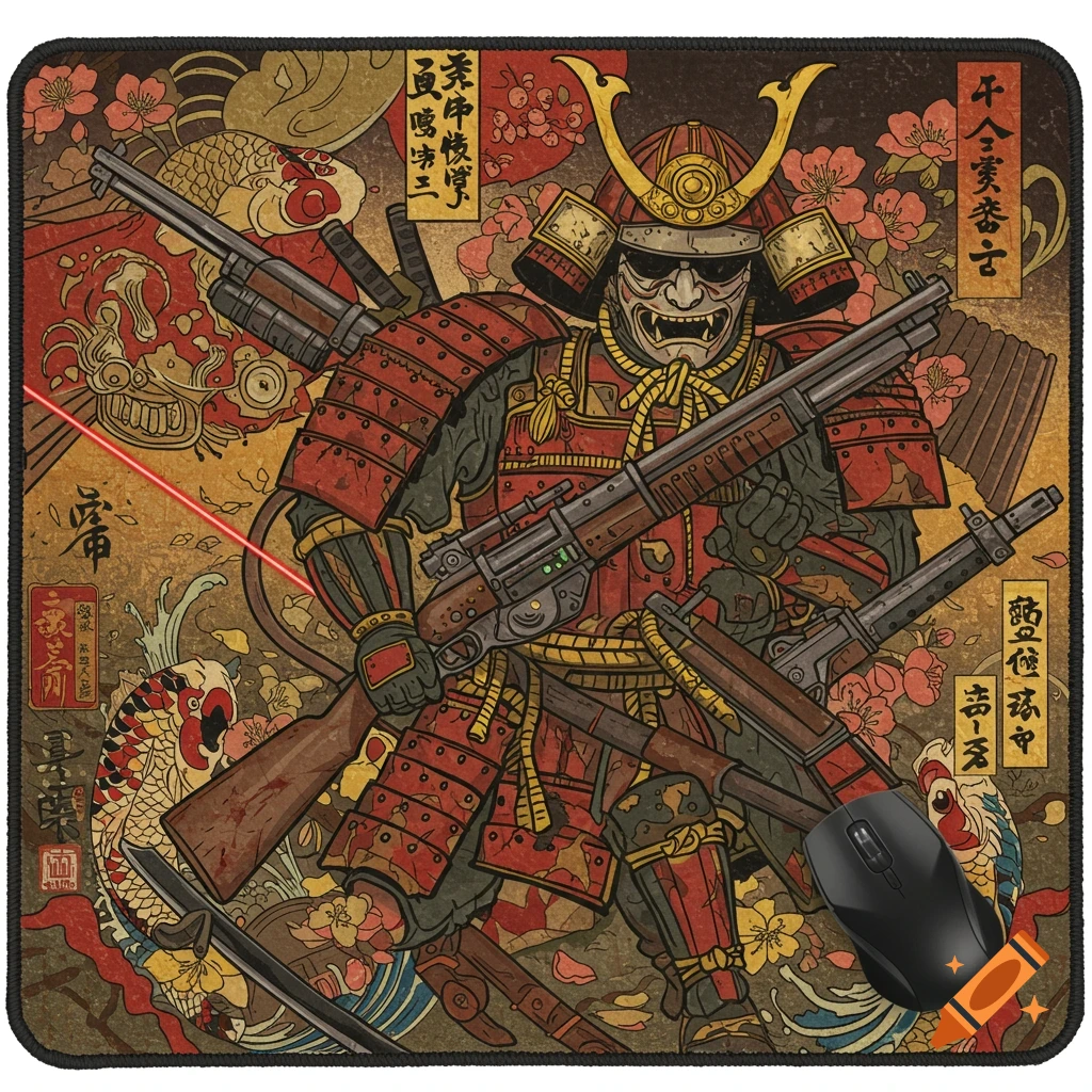 Samurai in red armor holding shotguns in Japanese art style.
