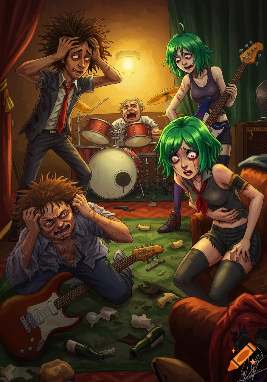 A cartoon illustration of a band suffering a severe hangover in a messy room filled with instruments and discarded bottles.