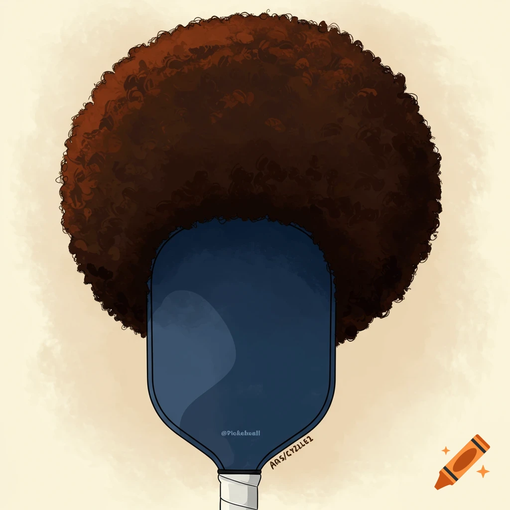 Illustration of a blue pickleball paddle with a large brown afro on top.