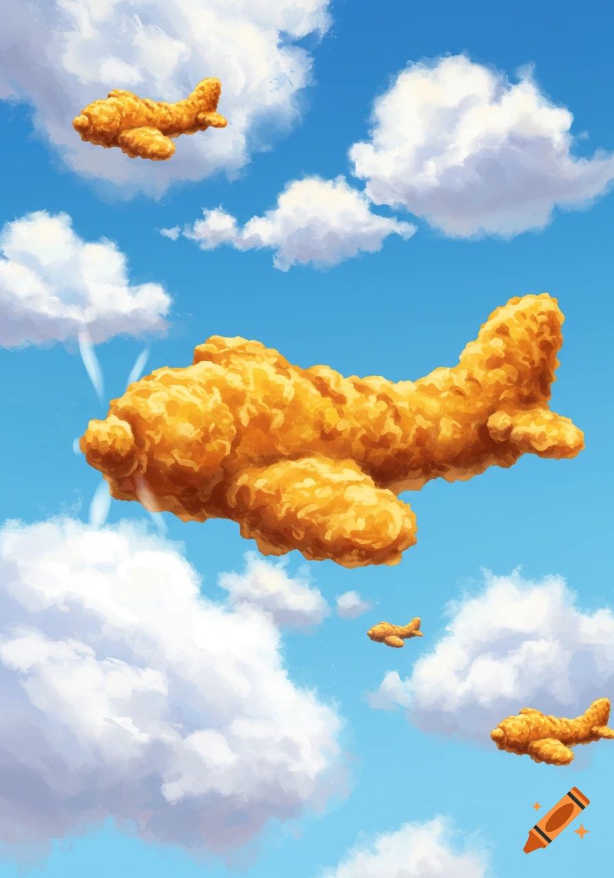 Painterly illustration of chicken nugget shaped airplanes flying through a blue sky with clouds.