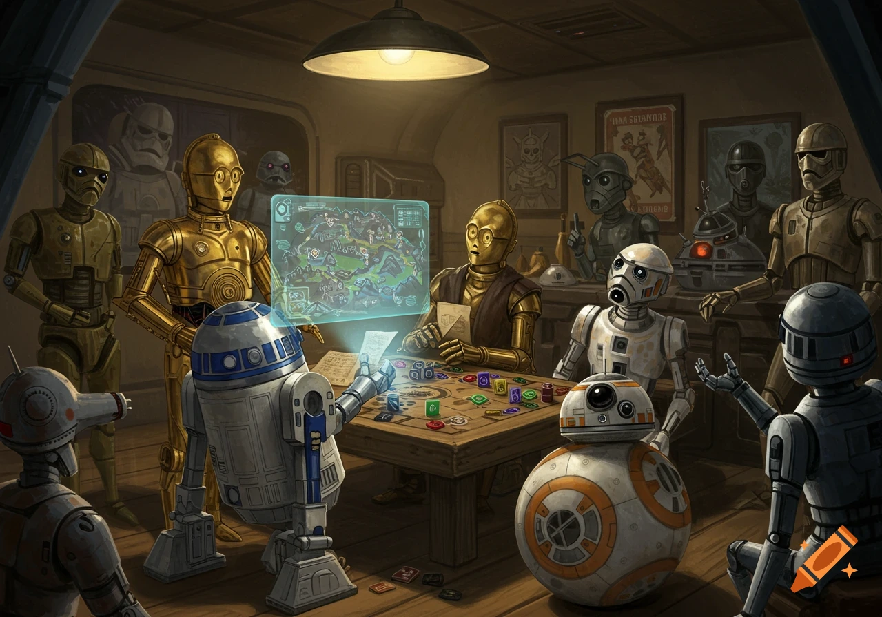 Star Wars droids, including C-3PO, R2-D2, and BB-8, play a tabletop game in a room.