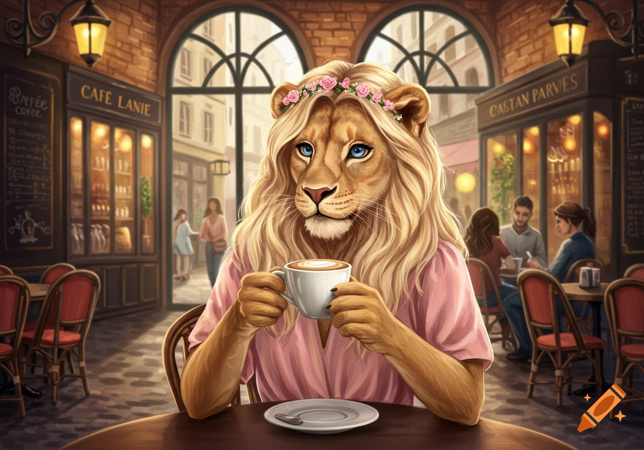 An anthropomorphic lion with blonde hair sits at a table in a cafe, wearing a pink shirt and holding a coffee cup.