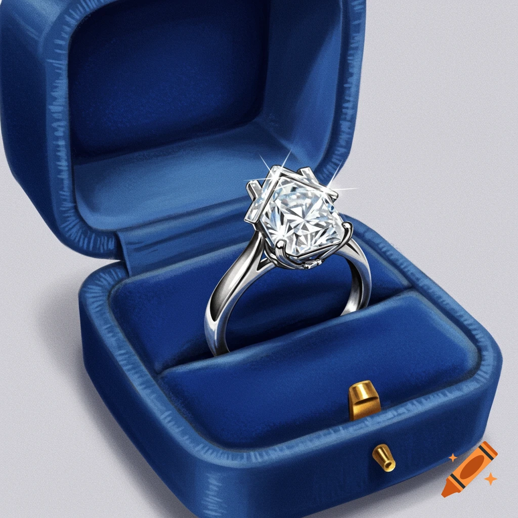 A silver ring with a large square diamond in an open blue velvet case.