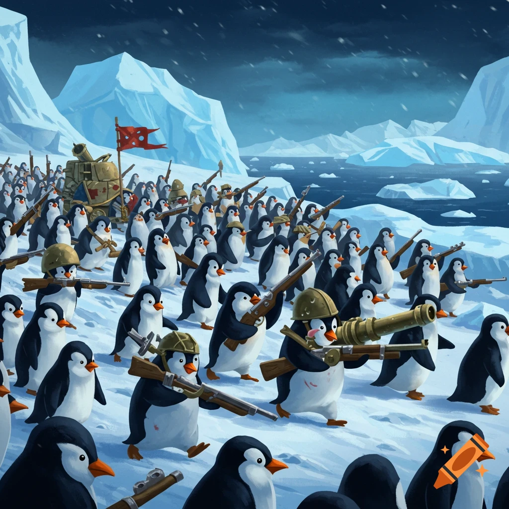 Cartoon penguin army marching with weapons in a snowy landscape