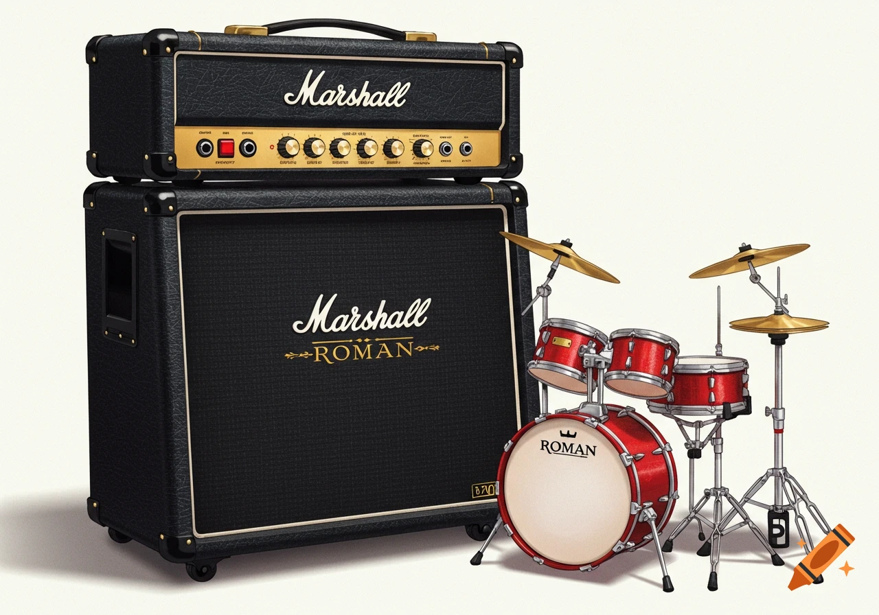 A stacked black Marshall guitar amplifier next to a small red drum set with Roman branding.