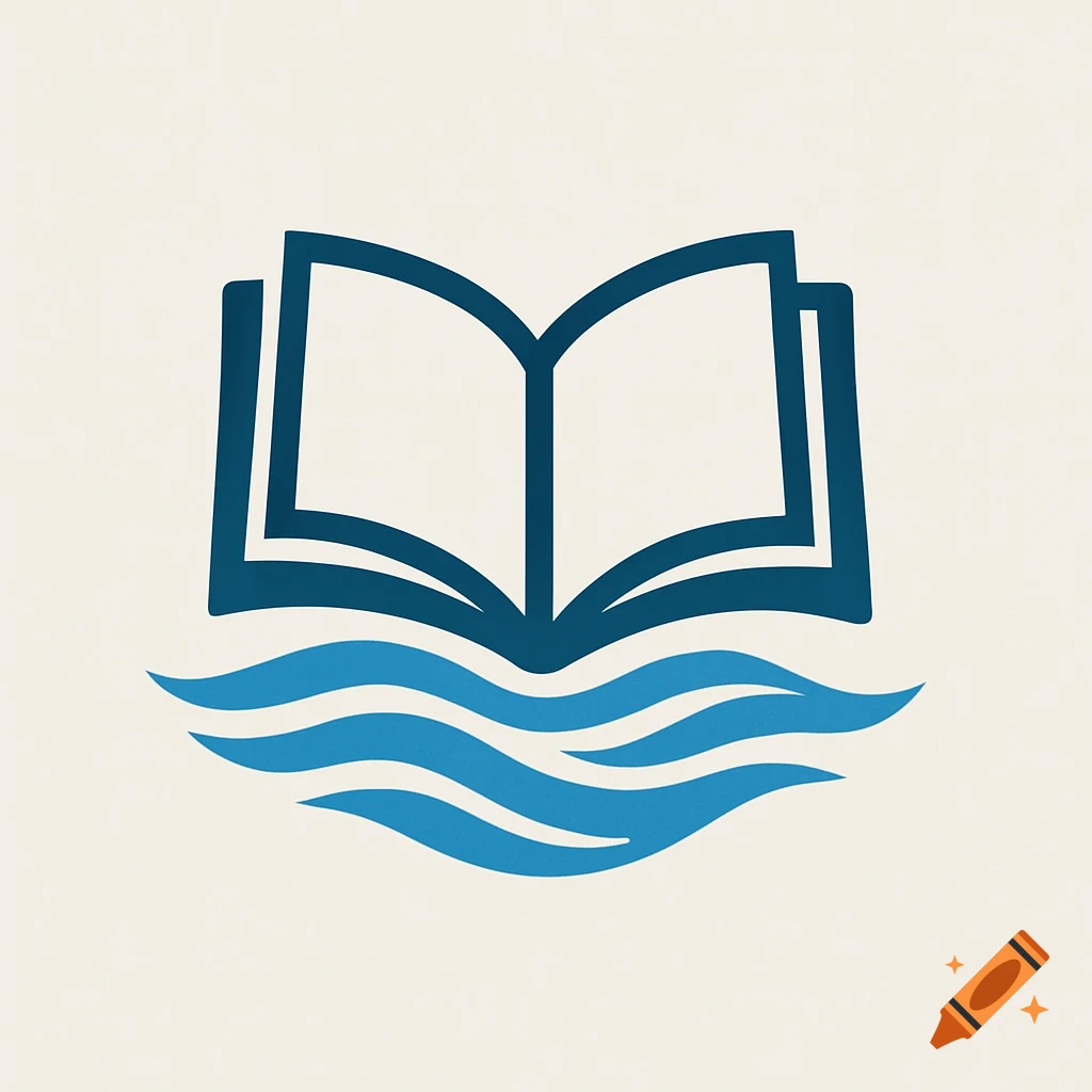 Logo of an open book over blue waves