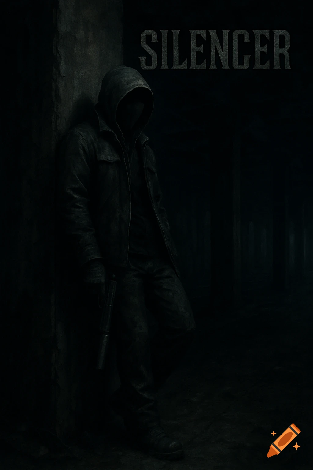 A hooded figure holding a gun leans against a wall in a dark, abandoned place. Text reads SILENCER.