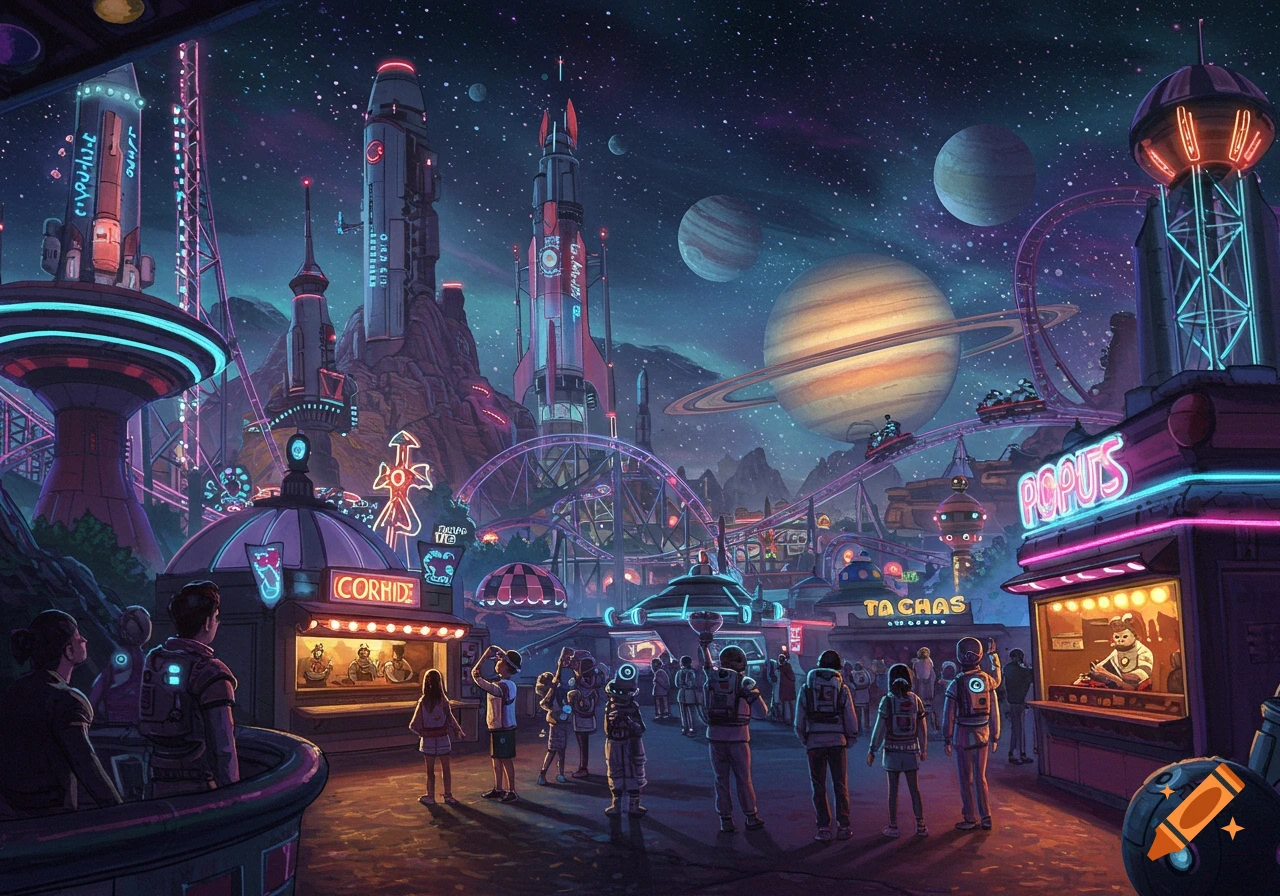 A vibrant, neon-lit futuristic space theme park with rollercoasters, rockets, planets in the sky, and crowds.