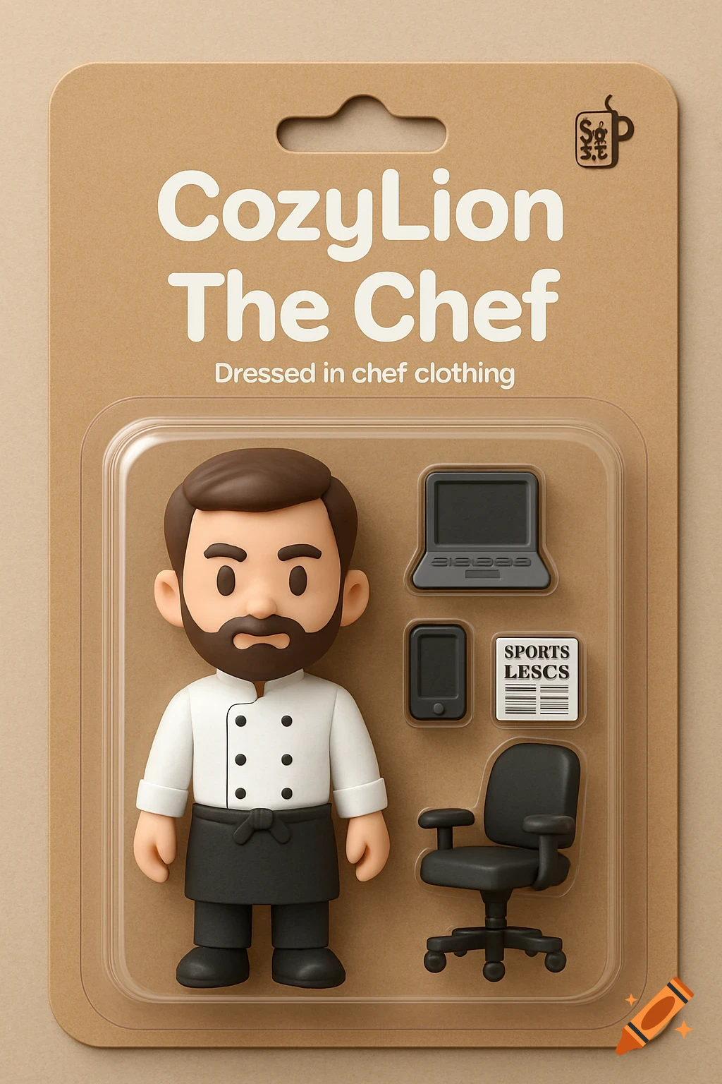 A 3D render of a chef action figure in blister packaging with accessories.