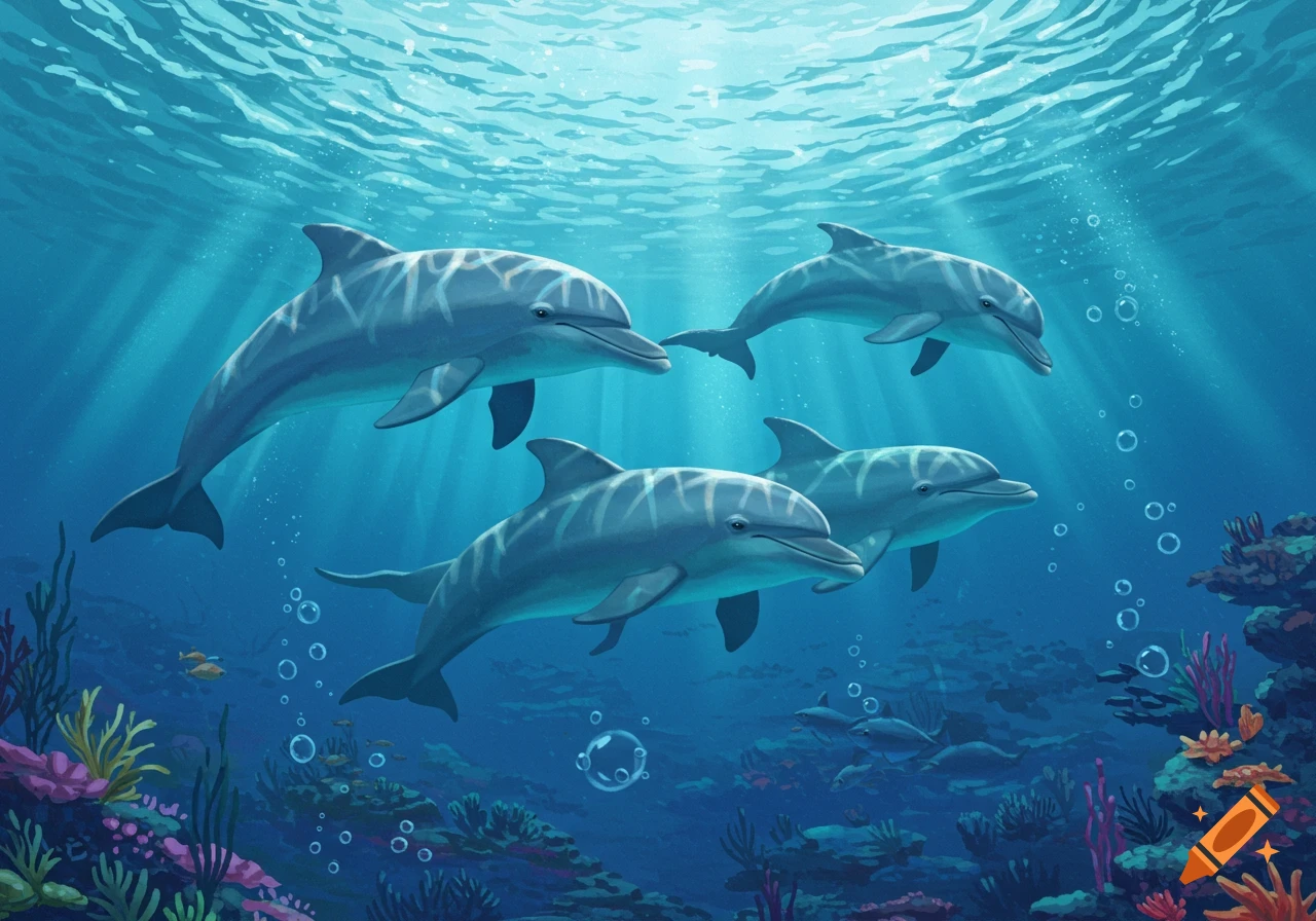 Illustration of a pod of bottlenose dolphins swimming in a dreamy 1990s Disney style underwater scene with sunbeams and coral reefs.