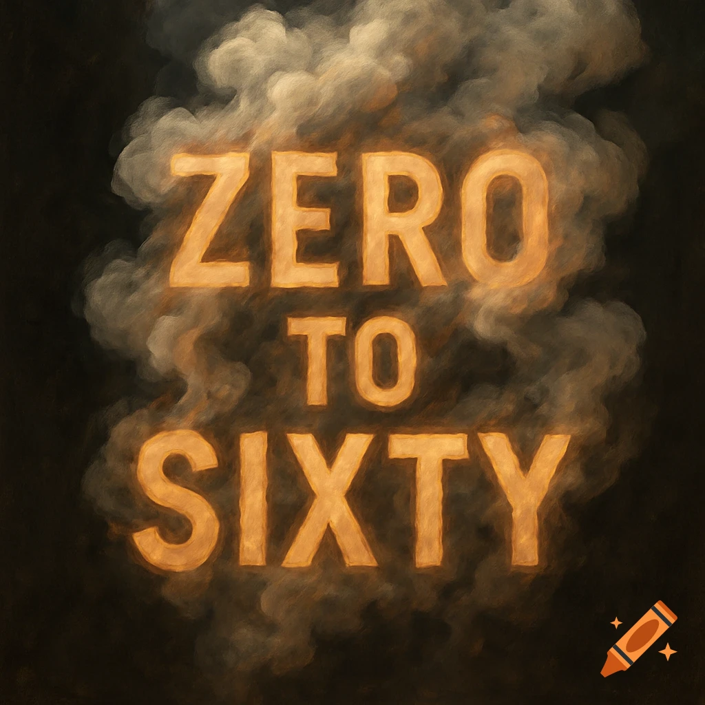 Glowing orange text "ZERO TO SIXTY" surrounded by smoke on a dark background.