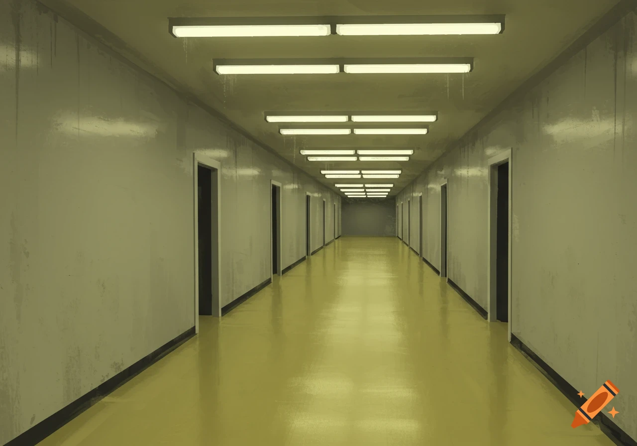 Empty long corridor with fluorescent lights and yellow floor.