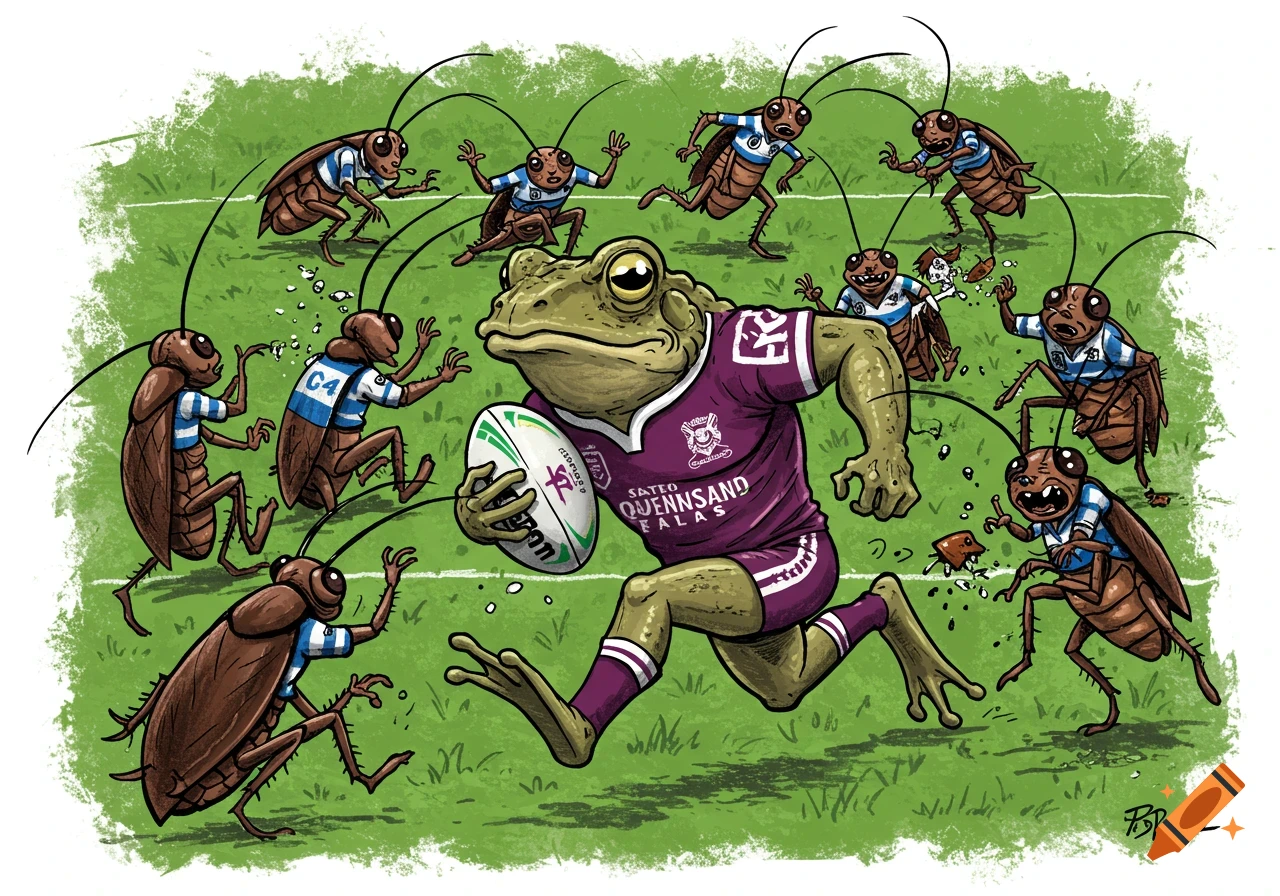 Cartoon frog in a rugby uniform runs with a ball on a field, surrounded ...