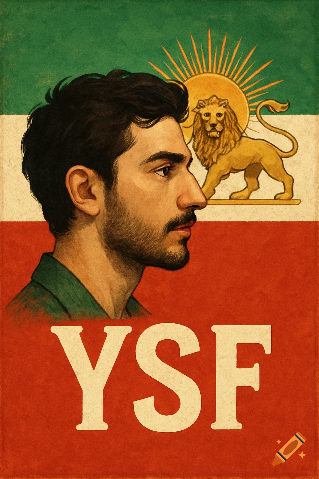 Profile portrait of a man in front of a green, white, and red flag with a golden lion and sun emblem. Large 'YSF' text below.