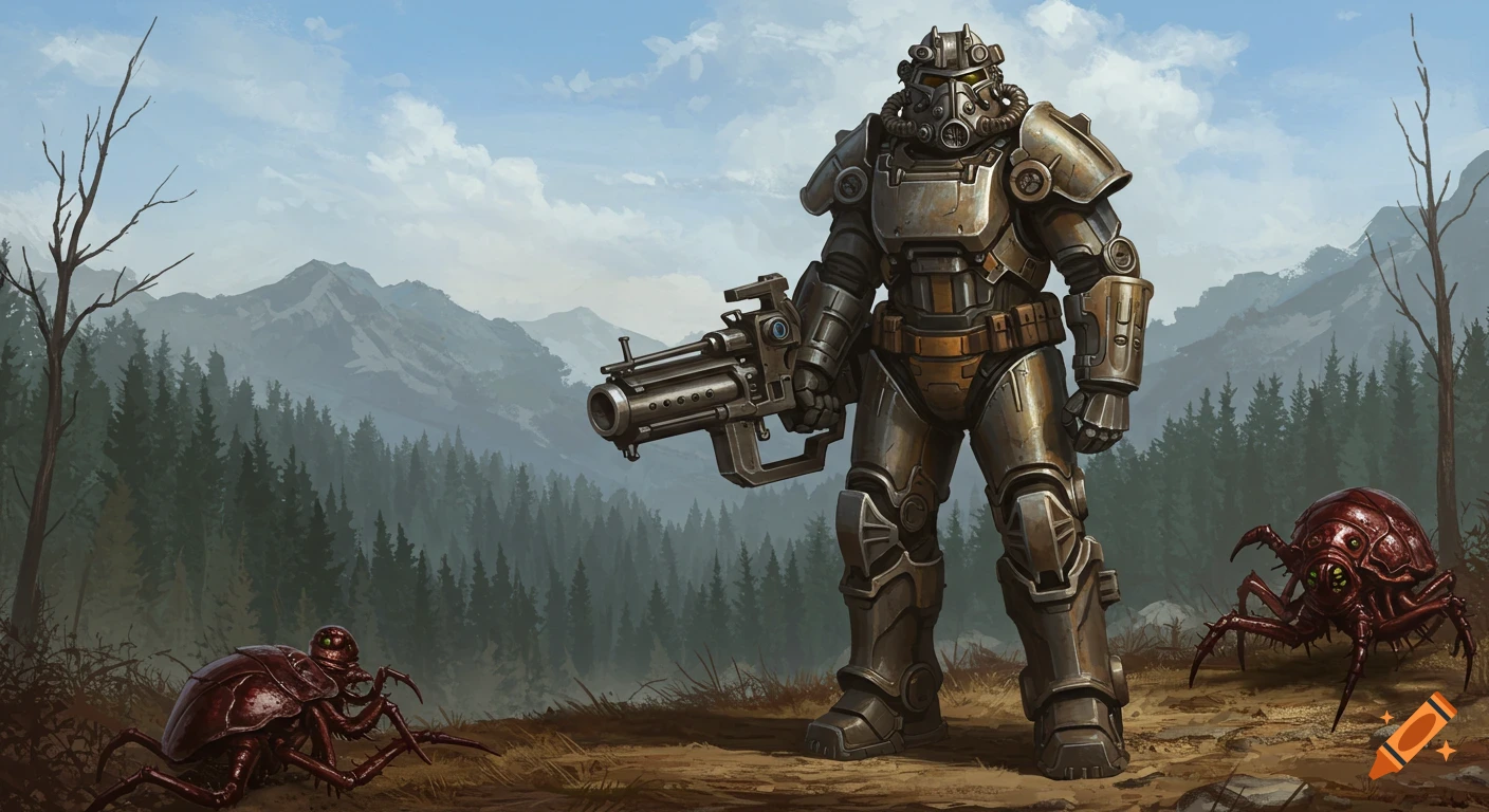 Person in power armor battles giant insects in a wasteland mountain landscape, concept art style