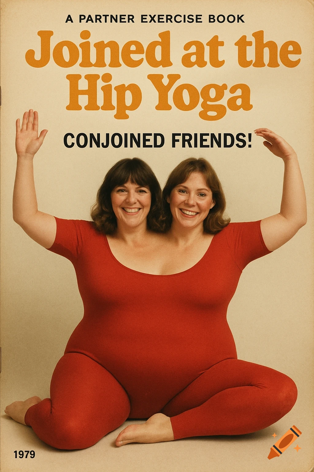 Vintage book cover for 'Joined at the Hip Yoga' featuring two women merged together in a red leotard.