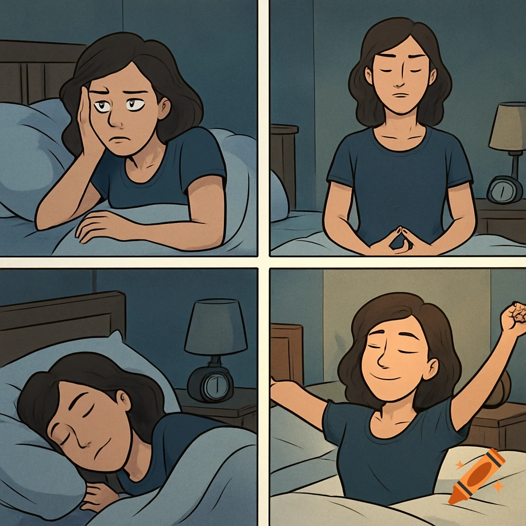 A four-panel comic strip shows a person unable to sleep, then meditating, sleeping soundly, and finally waking up refreshed.